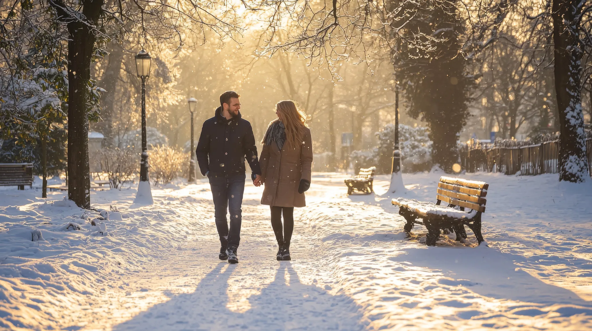 Couple walking through a snowy park on the Upper West Side