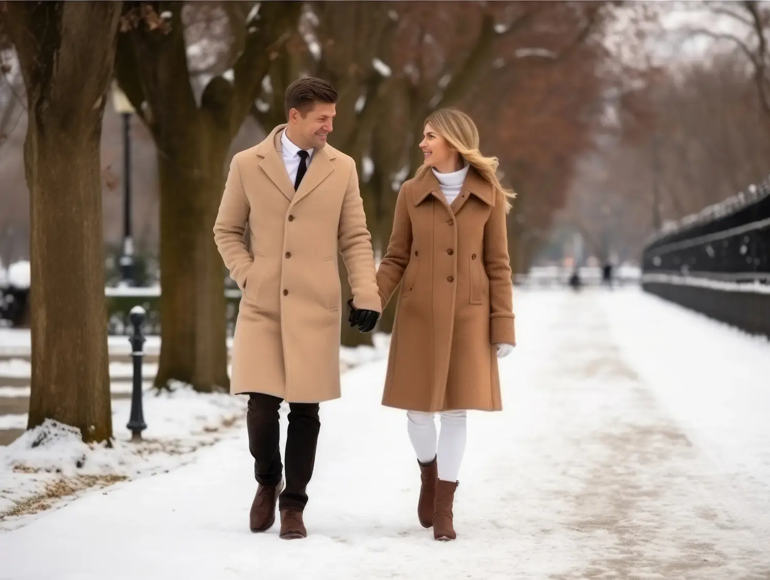 Couple walking through a snowy park on the Upper East Side